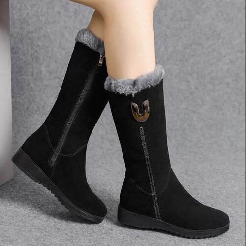 Women's Snow Boots with Fleece and Thick Mid-Cylinder Martens with Sloped Heel, Non-Slip, Warm, Side Zip, Cotton Boots