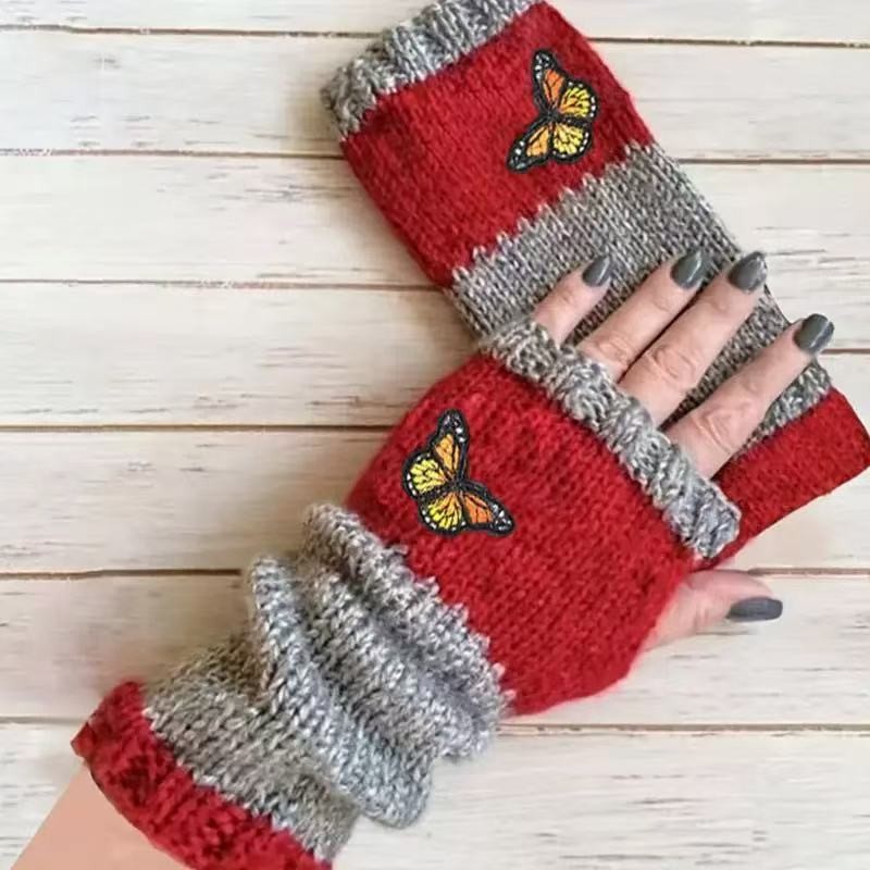Knitted Fingerless Gloves For Women Warm Embroidered Patchwork_voghion.com
