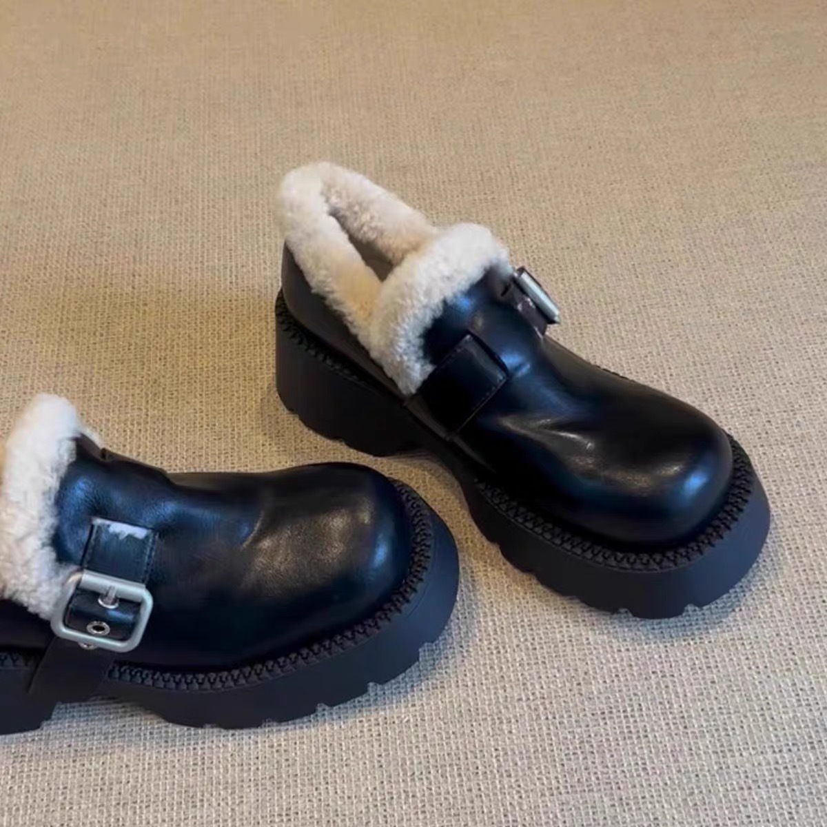 羊皮版~复古厚底大头乐福鞋女冬季真皮小皮鞋毛毛单鞋粗跟勃肯鞋