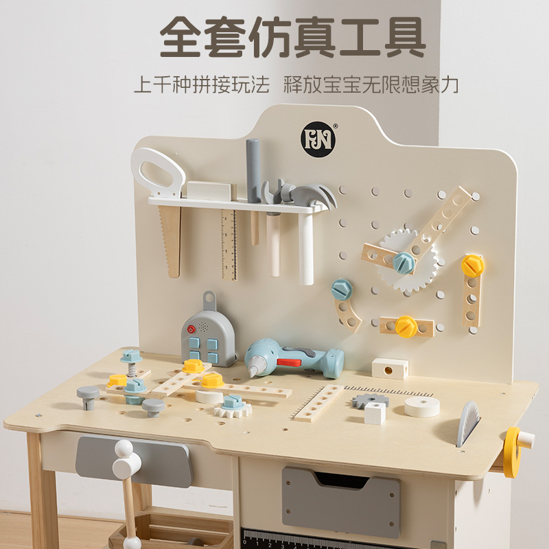 Banco de trabajo de madera de simulación Caja de herramientas de ensamblaje de rompecabezas para niños Tornillo de tornillo Juego de herramientas multifunción Juguetes de madera
