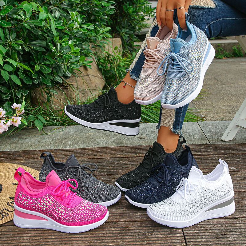 Cross-Border Rhinestone Lace-Up Women's Casual Shoes, Low-Top Sports Fashion Wedge Heel Lace-Up Fly-Knit Women's Sports Shoes