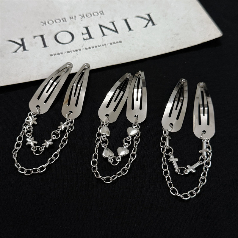 Sweet and Cool Spicy Girl Style Metal Hairpin Silver Double-Layer Chain Side Clip Bangs Clip Forehead Clip Pendant Hairpin Bb Clip Sweet and Cool Spicy Girl Style Metal Hairpin Silver Double-Layer Chain Side Clip Bangs Clip Forehead Clip Pendant Hairpin Bb Clip