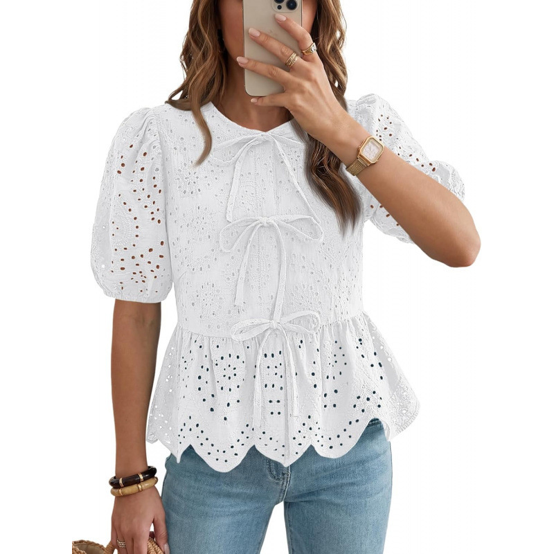Cross-Border Amazon Puff Sleeve Ruffled Tie-Up Top 2026 Summer New Style Doll Collar Cute Beach Shirt Cross-Border Amazon Puff Sleeve Ruffled Tie-Up Top 2026 Summer New Style Doll Collar Cute Beach Shirt