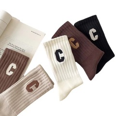 Shark Suit Socks, Zhuji Socks, Japanese Embroidery Letter C Mid-Calf Solid Color Streetwear Sport Ins Trendy Cotton Socks