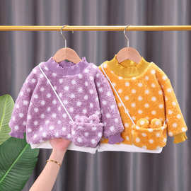 冬季新款女童加绒卫衣圆点长袖1-4岁婴幼童女宝宝冬装加厚带宝宝