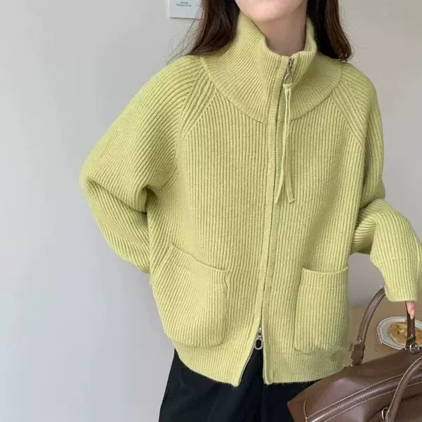宽松大口袋立领双拉链插肩袖净版叠穿针织衫外套女2025秋冬款线衫
