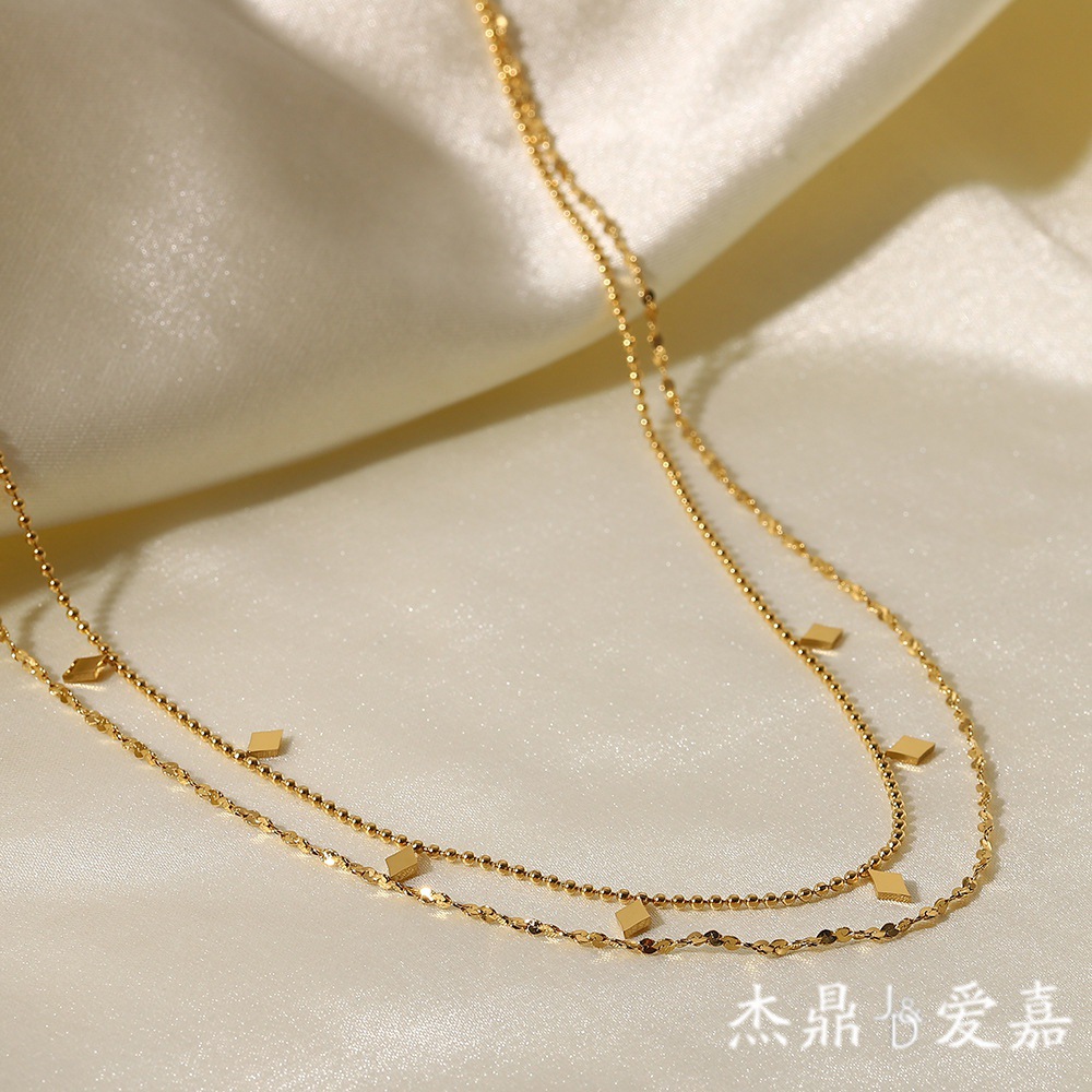 INS estilo clásico simple collar joyería 18K chapado en oro de doble capa de acero inoxidable borla lentejuelas collar de cadena de cuentas para mujeres