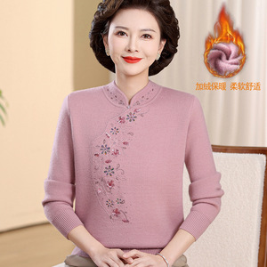 中老年女装秋冬一体绒针织毛衣时尚绣花风妈妈装加绒加厚保暖衣，女装针织衫/毛衣，妃慕昵服饰