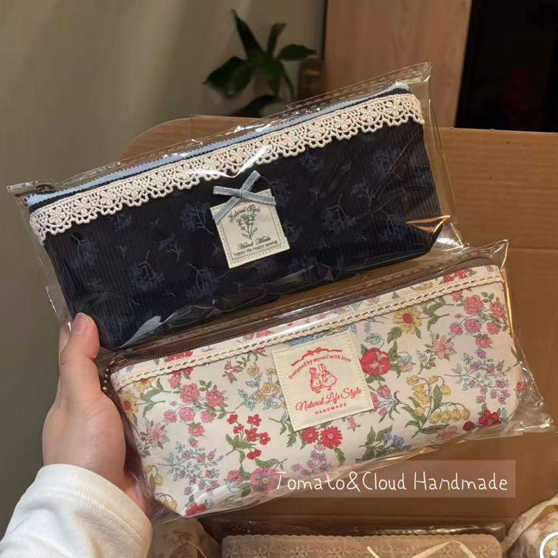 レトロ花柄鉛筆バッグインニッチ高価値レースステッチ文具バッグ学生大容量鉛筆バッグ収納|undefined