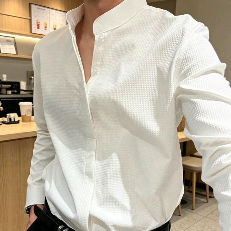 Stand-up collar shirt for men, high-end long-sleeve white shirt with hidden buttons, mid-sleeve waffle pattern, trendy