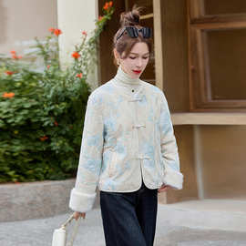 高端新中式国风提花羽绒服女2025新款毛绒拼接小个子白鸭绒外套