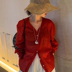 薄手の綿とリネンの微透けシャツ女性用 2025 夏美しいカーディガン ラミー トップ レッド リネン長袖シャツ