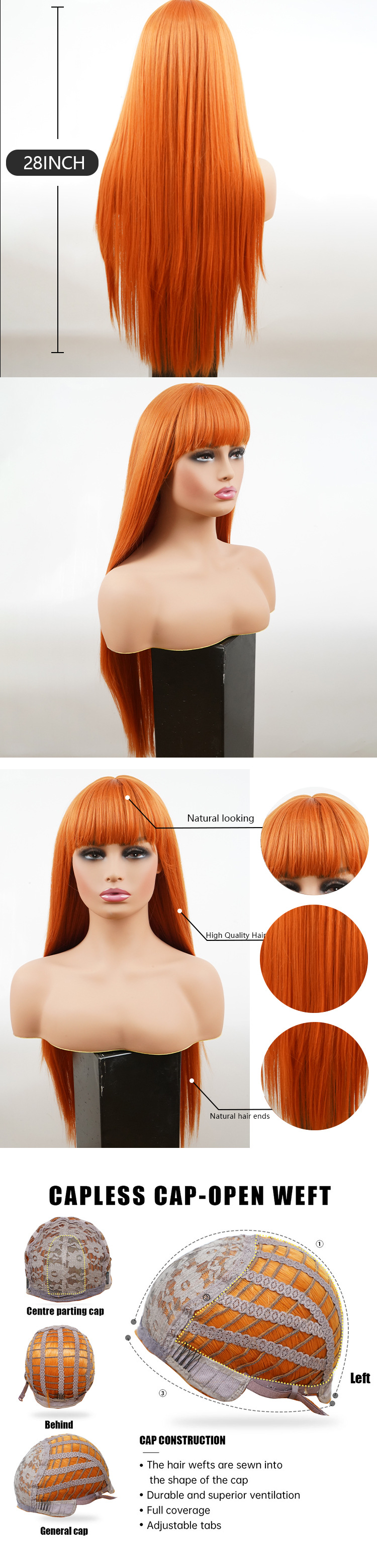 Fabrikgroßhandel Chemiefaserperücke langes glattes Haar Kopfbedeckung 26 Zoll Hochtemperaturdraht maschinell hergestellte orangefarbene Rose-Mesh-Perücke_voghion.com