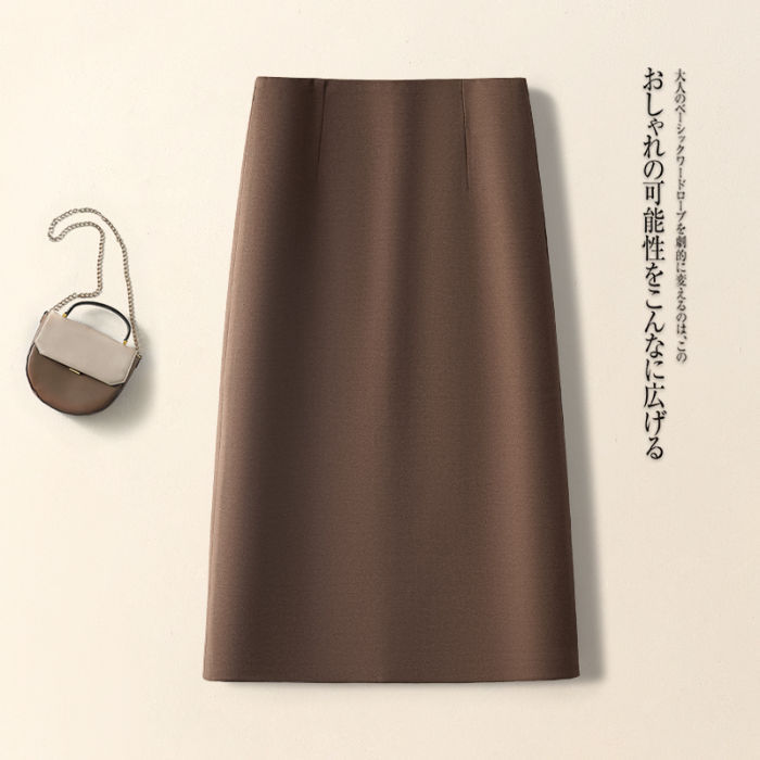 カレー色のa字の半身のスカートの女性の秋のハイウエストはやせているストレートのスーツのスカートの高級感の包みのお尻の中の長いタイプのオープンスカートを現します。|undefined