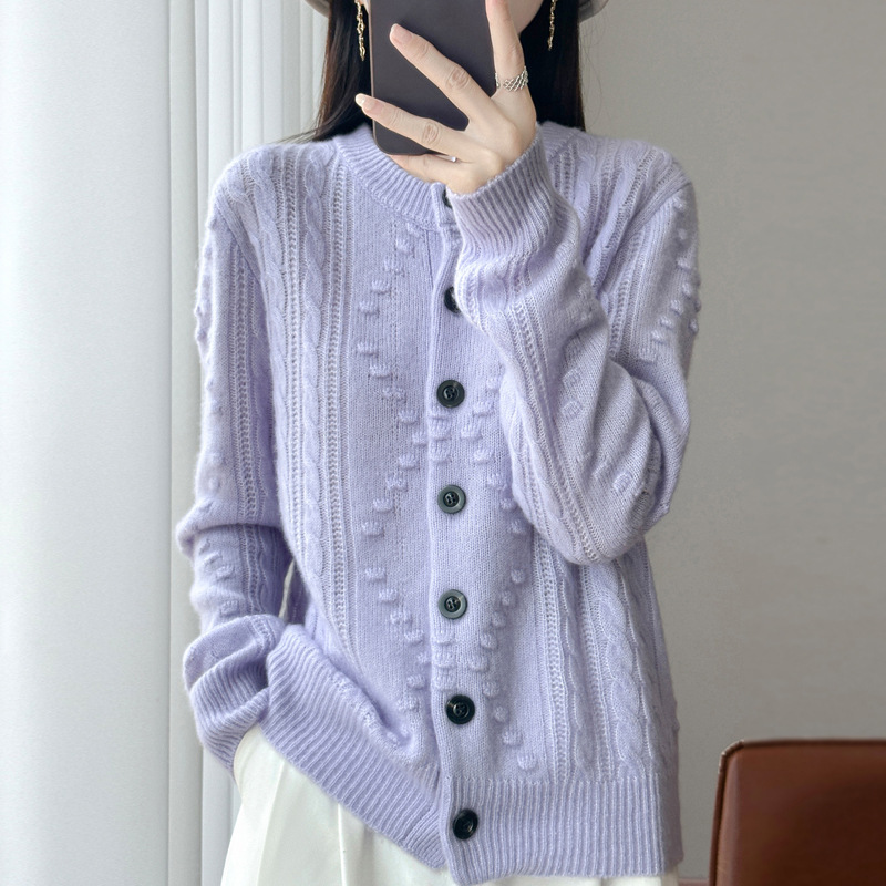 软糯天丝羊毛开衫女圆领厚款毛衣秋冬新款宽松针织女装上衣外套|undefined