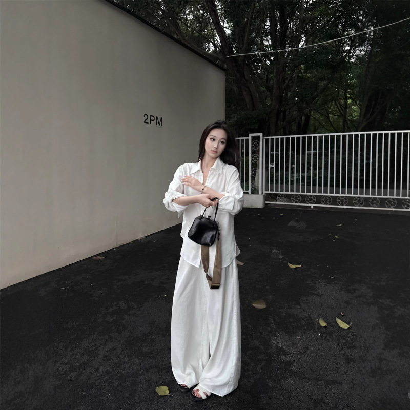 5werkwen衬衫女夏季白色气质百搭宽松休闲慵懒风苎麻长袖衬衣套装|undefined