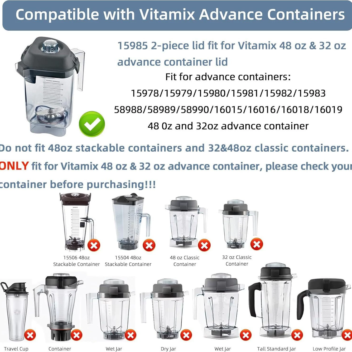 Смеситель Vitamix 48oz и замещающая крышка 32oz совместимая с моделями 15990 15978 16016 15981