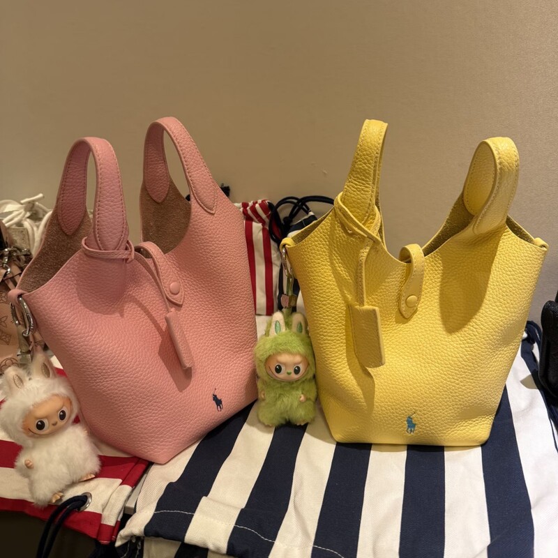 2026 New Cross-Border Raffia Top-Layer Cowhide Polo Basket Bag Bucket Bag Handbag Shoulder Crossbody Bag