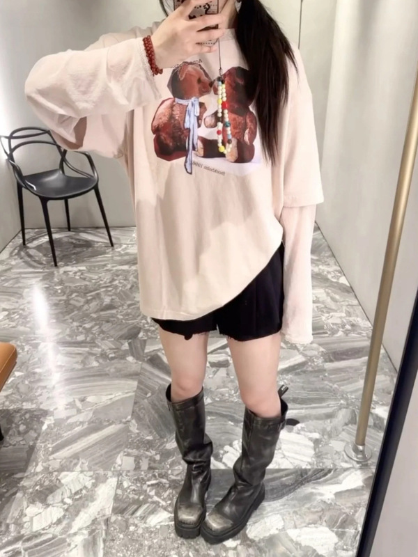 25SS YBオープン/ニッチデザインAC初秋レトロ柄ダメージプリントフェイクツーピース長袖から始まる/ 90% off|undefined