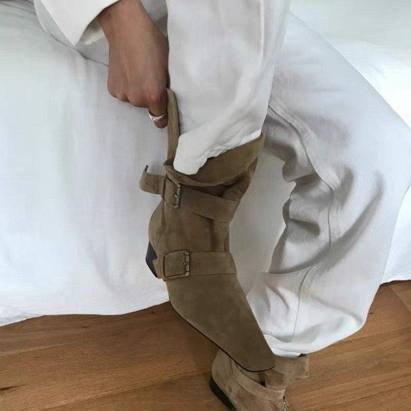 2025韩版新款小众设计复古法式短靴小方头西部靴麂皮中筒靴女靴子|undefined