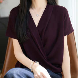 2026年春夏新款天丝莱赛尔V领针织衫短袖女交叉纯色套头打底衫T恤