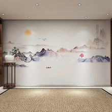 新中式壁布电视背景墙壁纸新款抽象山水壁画卧室客厅沙发无缝墙布