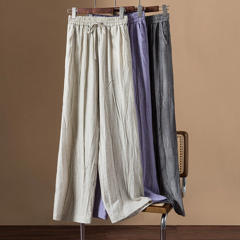 Льняные широкие брюки для женщин, летние тонкие брюки 2025, новые плиссированные текстурированные повседневные прямые брюки с высокой талией из тенселя, защищающие от солнца