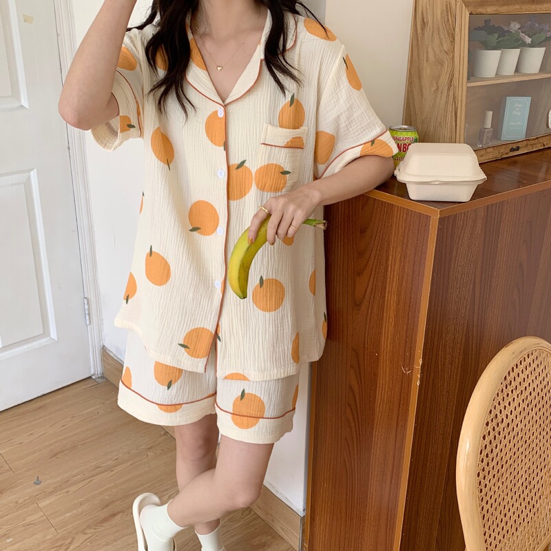 Crepe Lapel Short Sleeve Shorts Pajamas Women's Cotton Crepe Cartoon Breathable Sweat-Absorbing Cardigan Outer Wear Home Wear Crepe Lapel Short Sleeve Shorts Pajamas Women's Cotton Crepe Cartoon Breathable Sweat-Absorbing Cardigan Outer Wear Home Wear