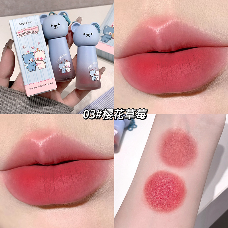 Gegebear Bear Soft Mist Lip Mud Cover Box no es fácil de tocar tazas de terciopelo mate no es fácil de descolorar el conjunto de lápiz labial blanco