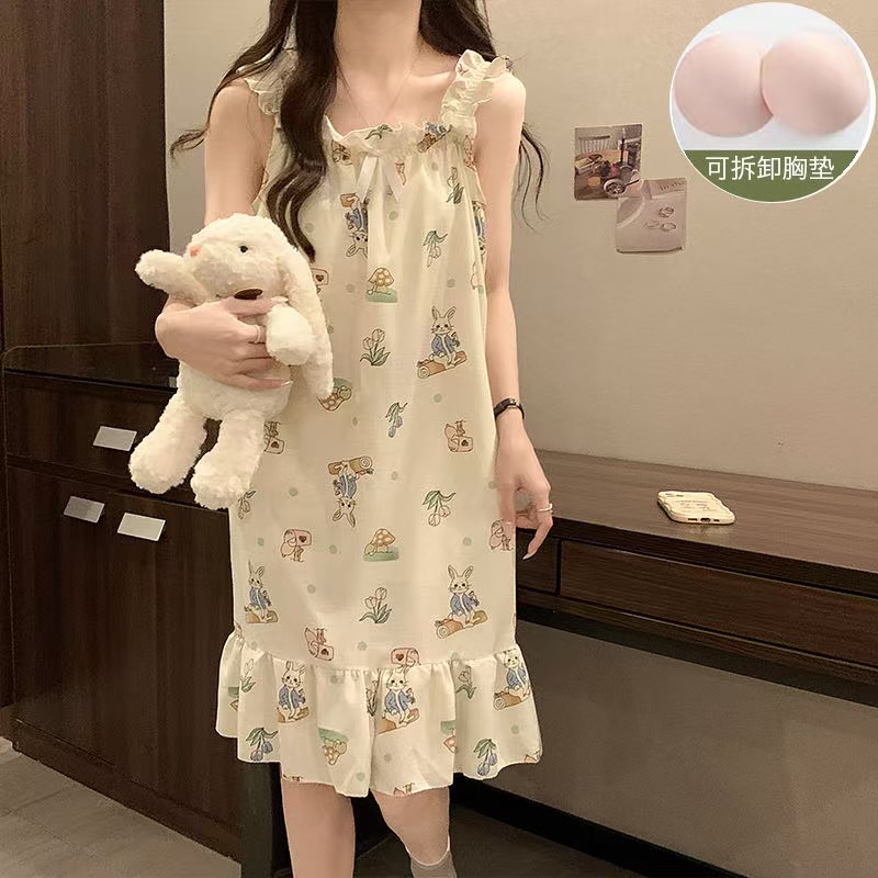 Venta al por mayor transfronteriza con almohadilla para el pecho pijamas para mujer verano espuma camisón camisón ropa a domicilio dulce y linda almohadilla para el pecho desmontable