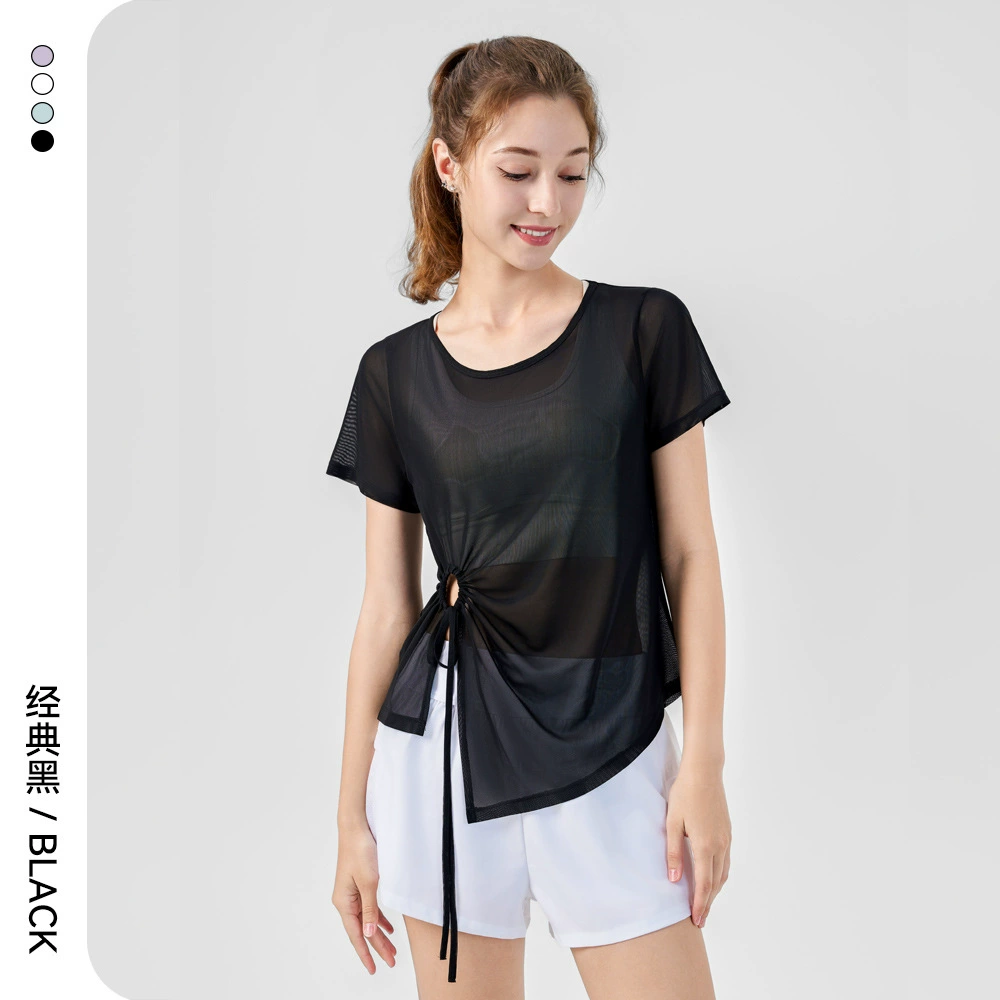 Летняя тонкая спортивная одежда быстросохнущая дышащая для путешествий и йоги, с коротким рукавом, шнурок, для бега