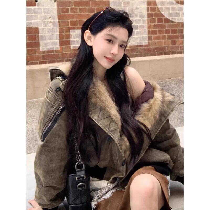 2026 Maillard Brown Faux Fox Fur Jacket Short Style Fur-Integrated Parka Thick Cotton Coat