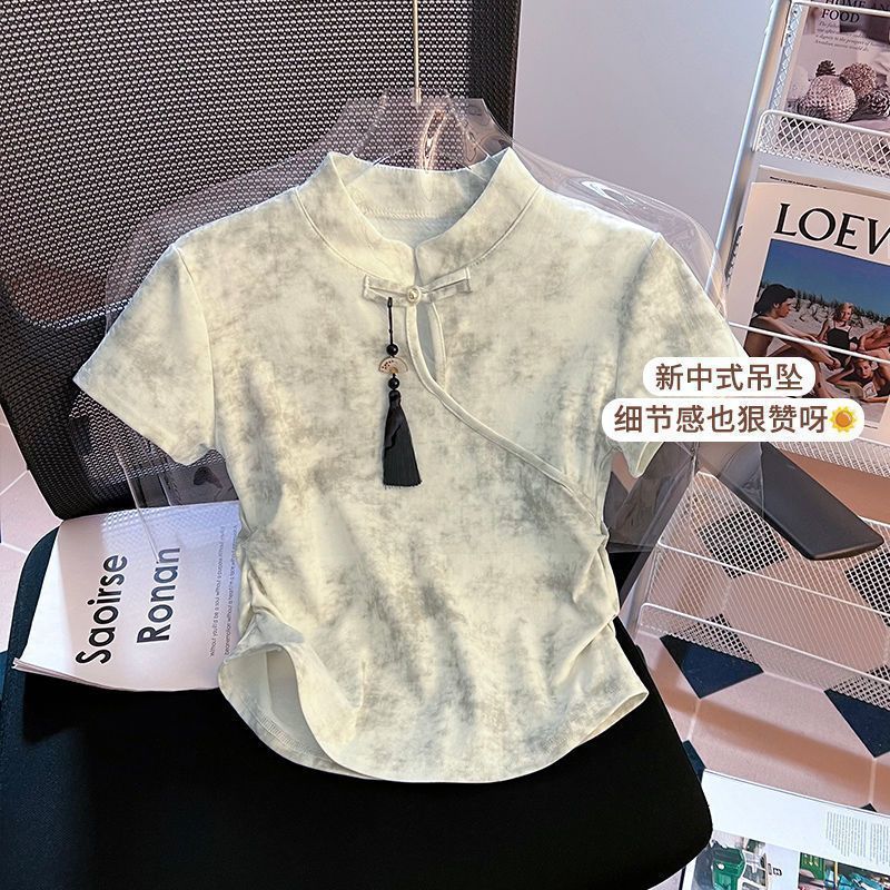 Nueva camiseta de manga corta delgada irregular con hebilla de disco de estilo nacional de estilo chino para mujer verano nuevo estilo corto ropa de todo fósforo