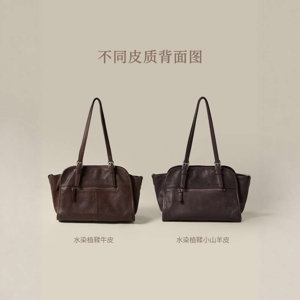 Women's Vegetable-Tanned Cowhide Bowling Bag, Retro Large-Capacity Commuter Crossbody - Thumbnail 5