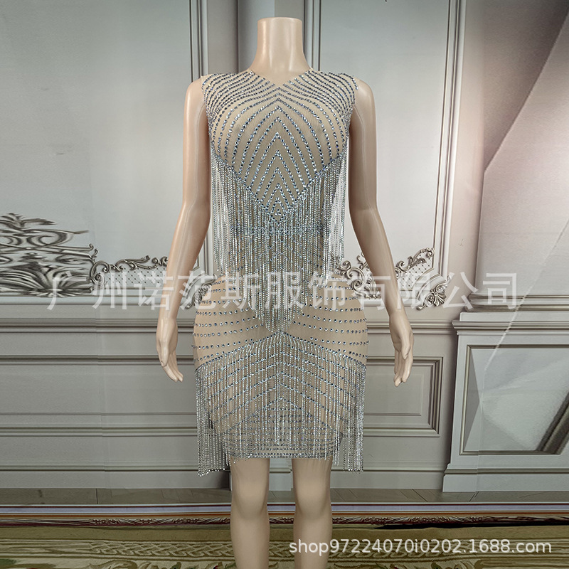 Novance Dance Silver Sleeveless Dress Sleeveless Sexy Elegant Shiny Rhinestone Tassel Decoration Stage Costume