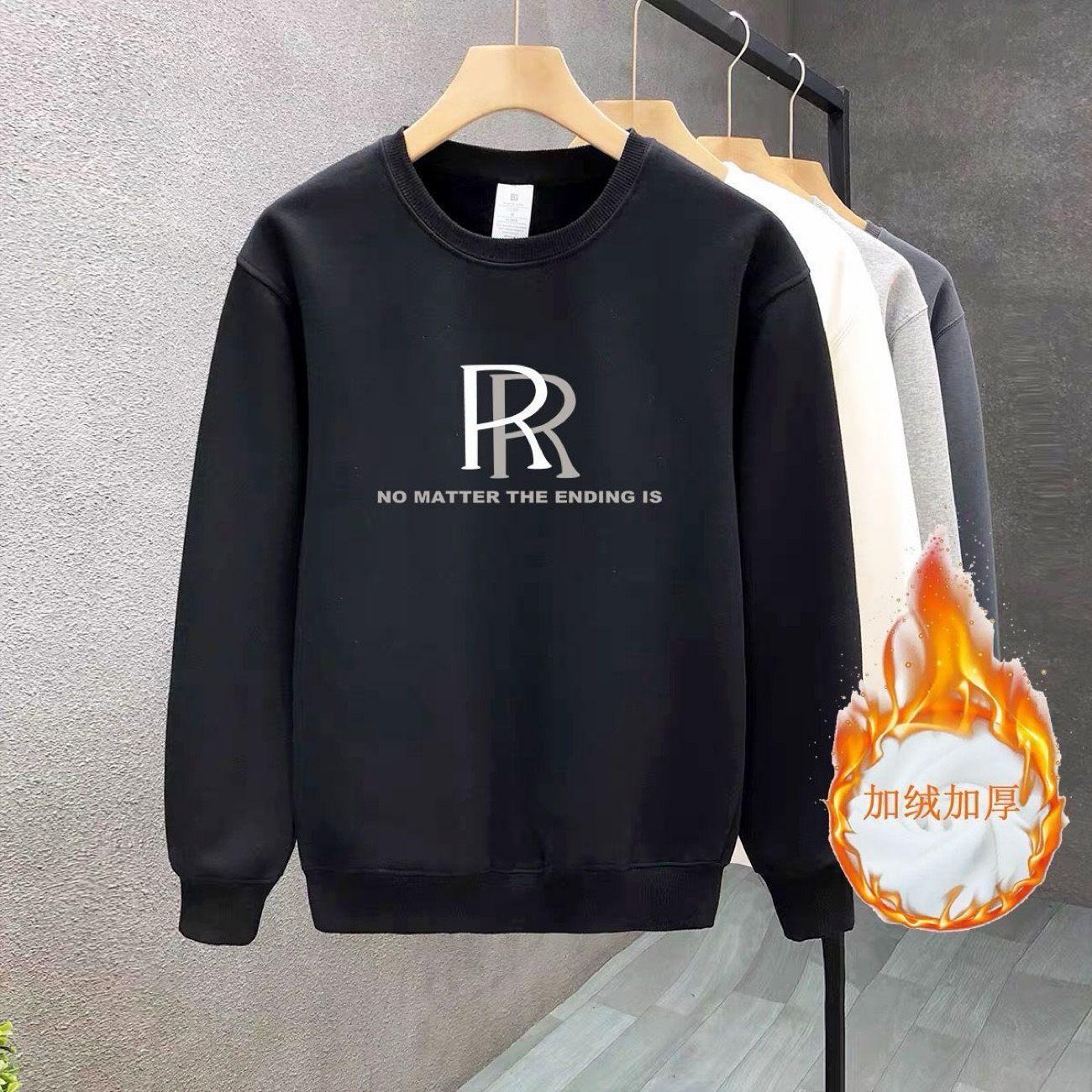 Plus-size fleece-lined, thickened men's round neck sweatshirt for spring and autumn, simple and trendy, warm for middle-aged and young people in autumn and winter.