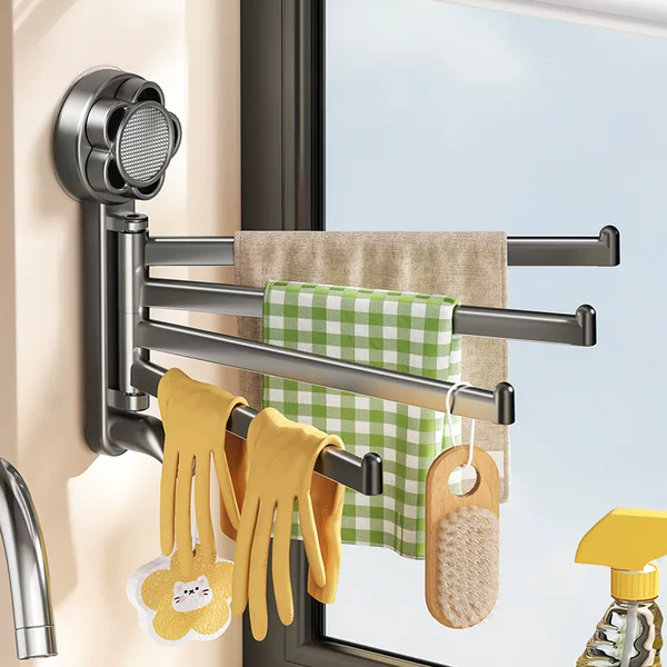 Kitchen Towel Hanging Rod, No-Drill Wall-Mounted Storage Rack, Suction Cup Type Balcony Cloth Rod, Multifunctional Rotating Storage Rack