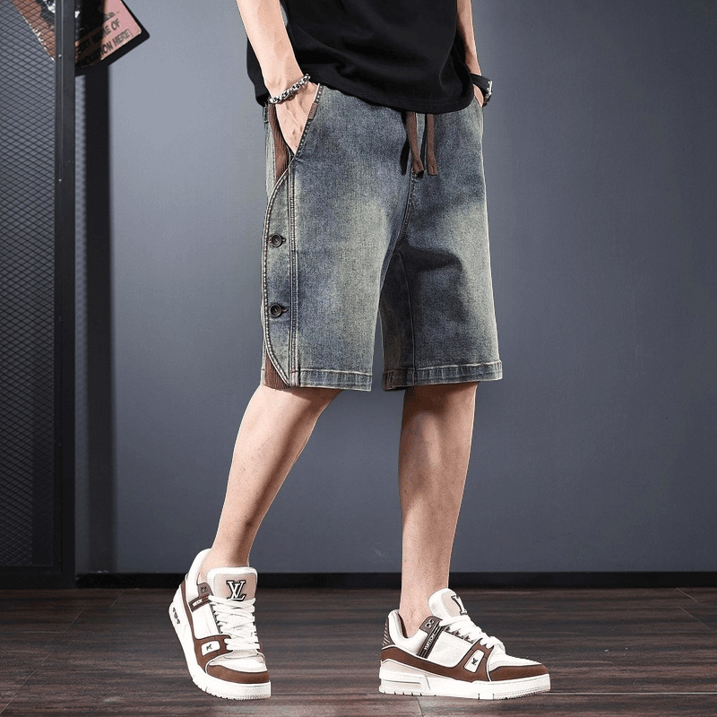 Pantalones de jeans retro estadounidenses para hombres de verano nuevos pantalones de cinco puntos grandes sueltos transpirables marca de moda pantalones casuales
