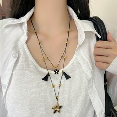 小众设计感黑金花朵可抽拉项链女个性气质双层流苏颈链时尚颈饰女