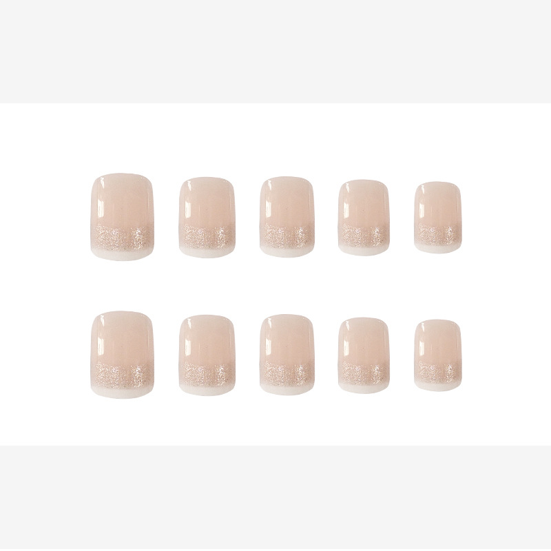 Polvo brillante desnudo bordes blancos franceses para usar uñas cortas, uñas dulces y delicadas, 24 piezas de parches de uñas terminados