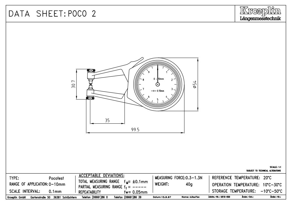 供应德国kroeplin古沃匹林POCO2K 指针外径卡规