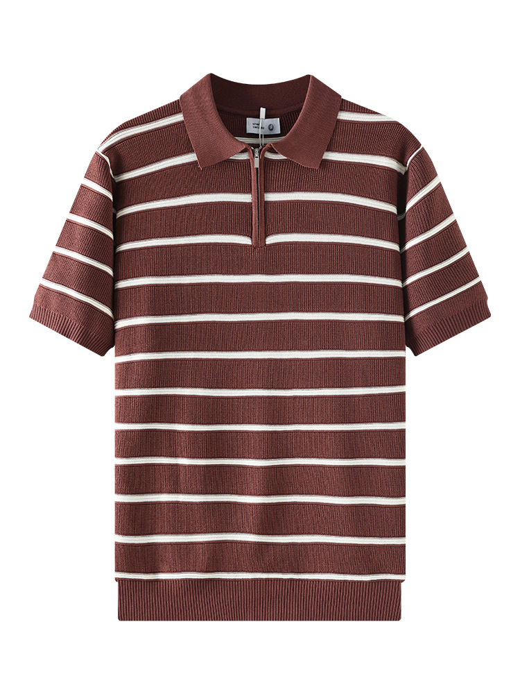Camiseta de polo de punto a rayas horizontales de alta calidad, semia cremallera, texturizada, camiseta de mangas cortas de viaje de negocios para hombres