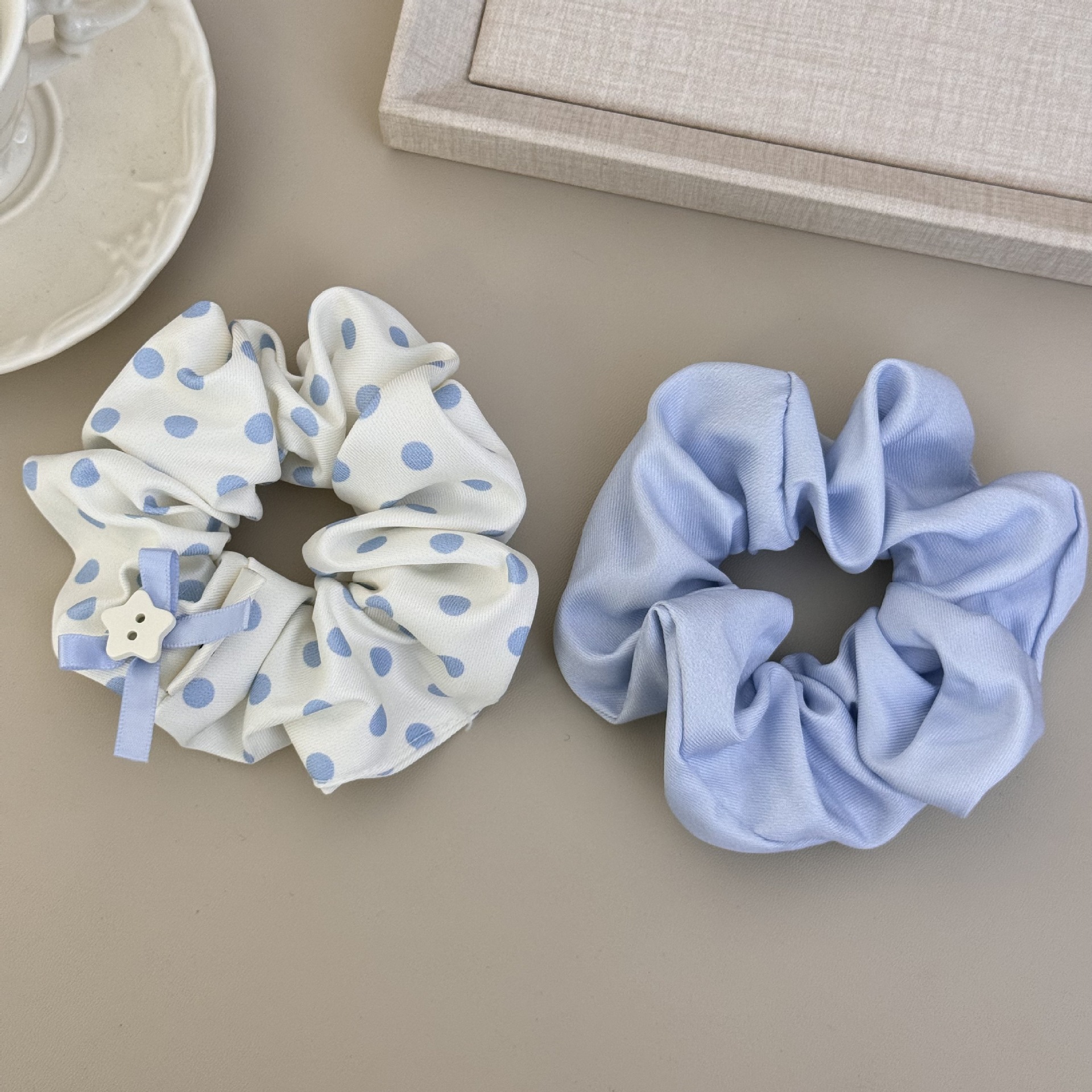 韩国欧尼新款蓝色系波点学院发圈百搭通勤感大肠发圈纯色组合套装