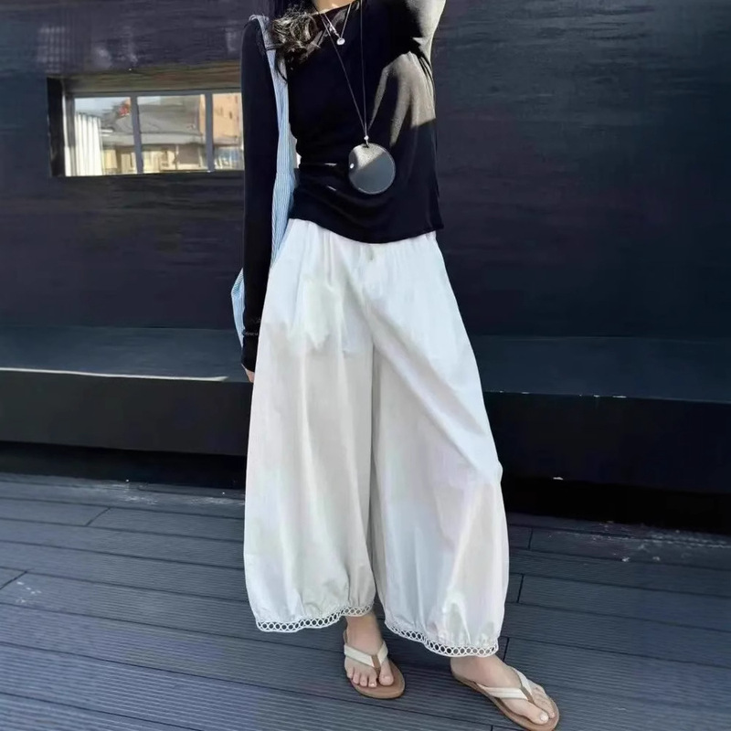 2025 Summer New European Style Hollow Lace Design High-Waisted Slimming Wide-Leg Lantern Cropped Pants