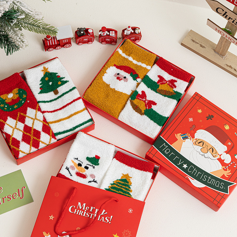 2 pairs gift box Christmas socks men's and women's coral velvet floor socks double-sided velvet warm thickened mid-calf Christmas socks 2 pairs gift box Christmas socks men's and women's coral velvet floor socks double-sided velvet warm thickened mid-calf Christmas socks