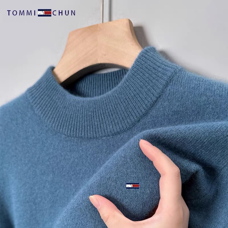 American genuine goods Tommy 100% Cardigan Men's Half Turtleneck Cardigan Middle-aged Casual Knitwear Plus Size