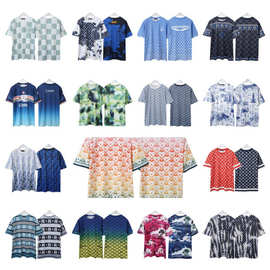 跨境25ss新款230克双纱满匹数码印花棋盘格纹短袖男女同款宽松T恤