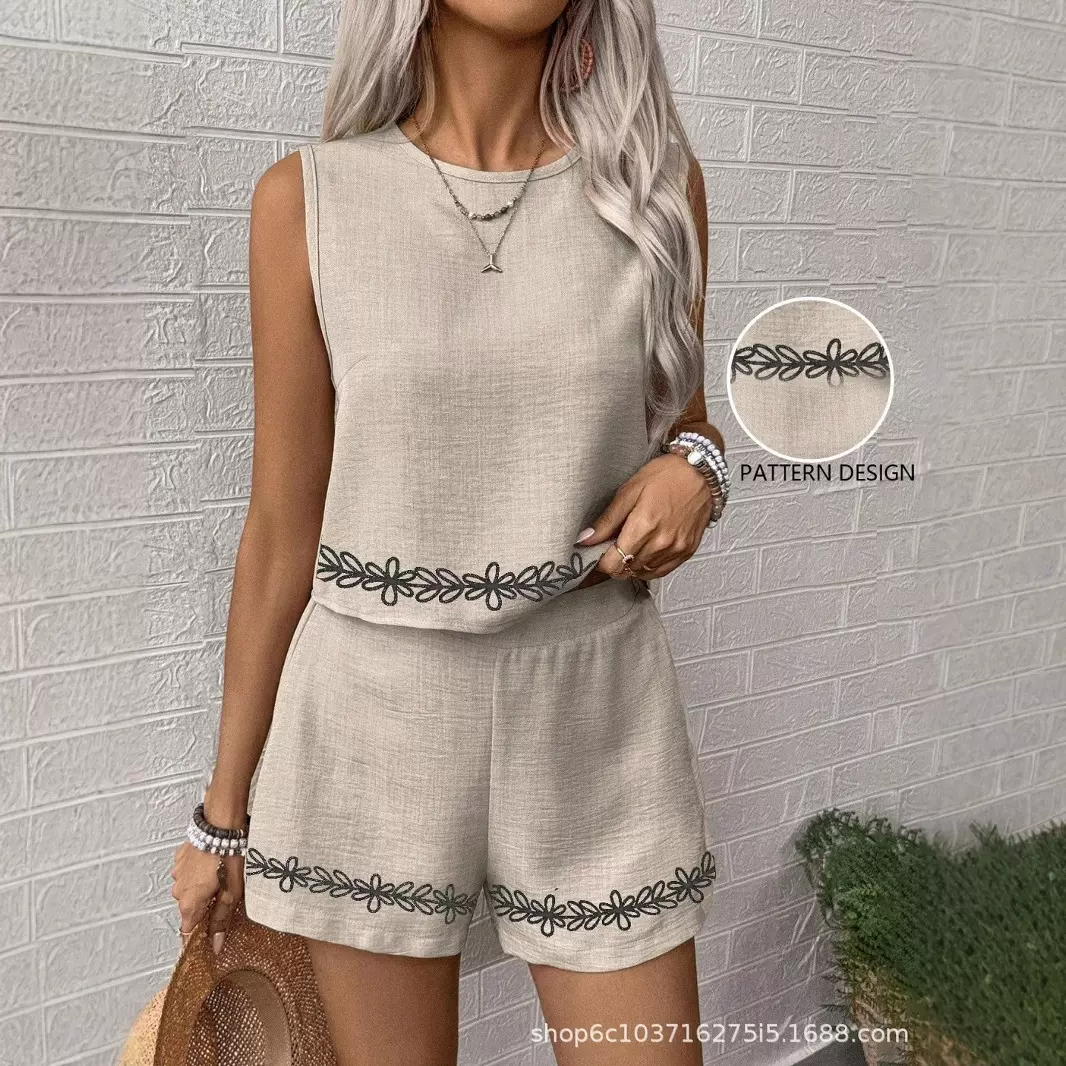 欧美跨境女装2025夏季可露丽绣语·时尚气质无袖背心短裙子套装女