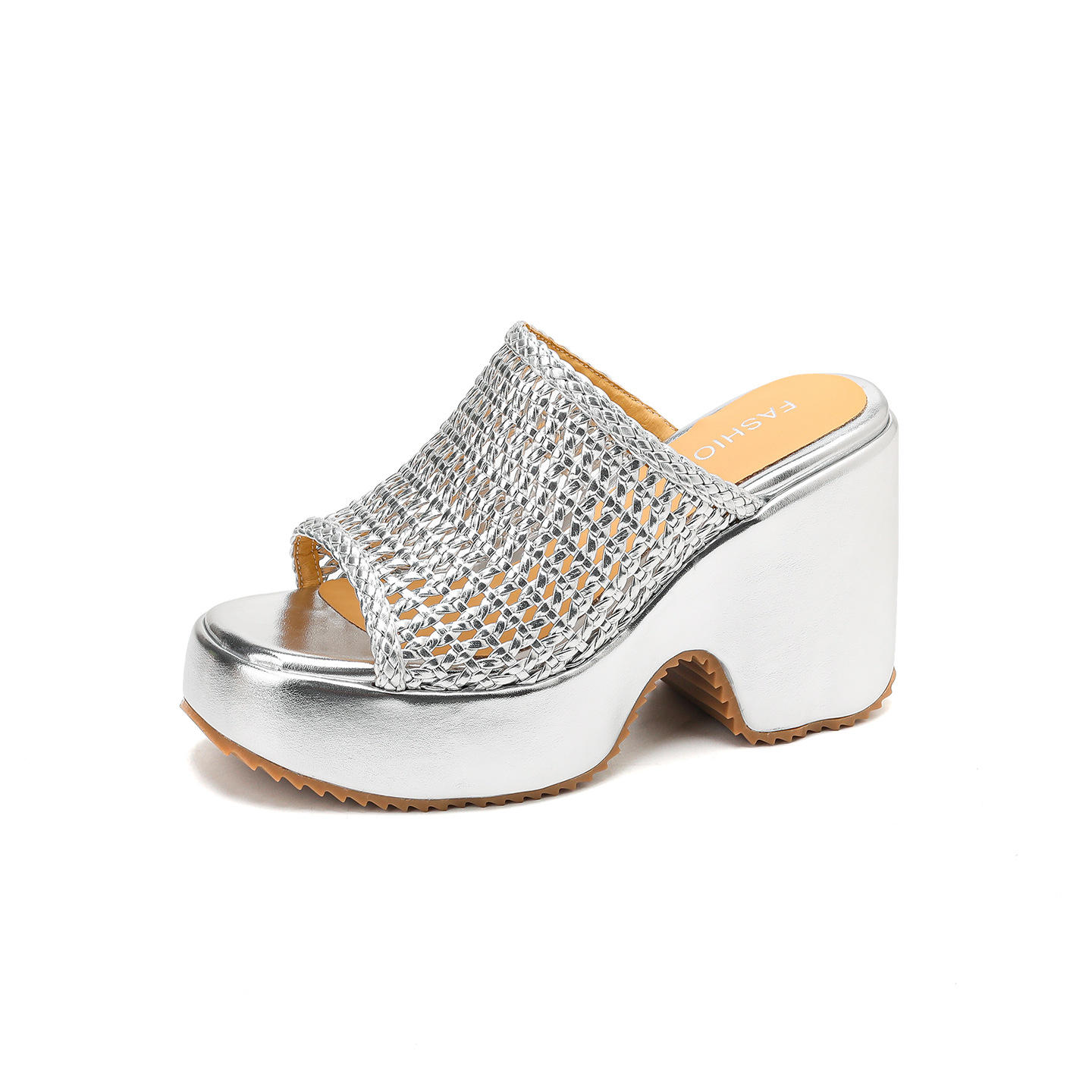 Sandal cao gót nữ hở mũi đế xuồng đan lát phong cách La Mã — màu đen, màu trắng ngà, bạc