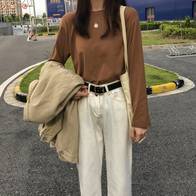 Camiseta básica blanca para mujer, estilo BM de manga larga, nueva colección de principios de otoño 2025, versión coreana, camiseta holgada negra con cuello redondo. image 12